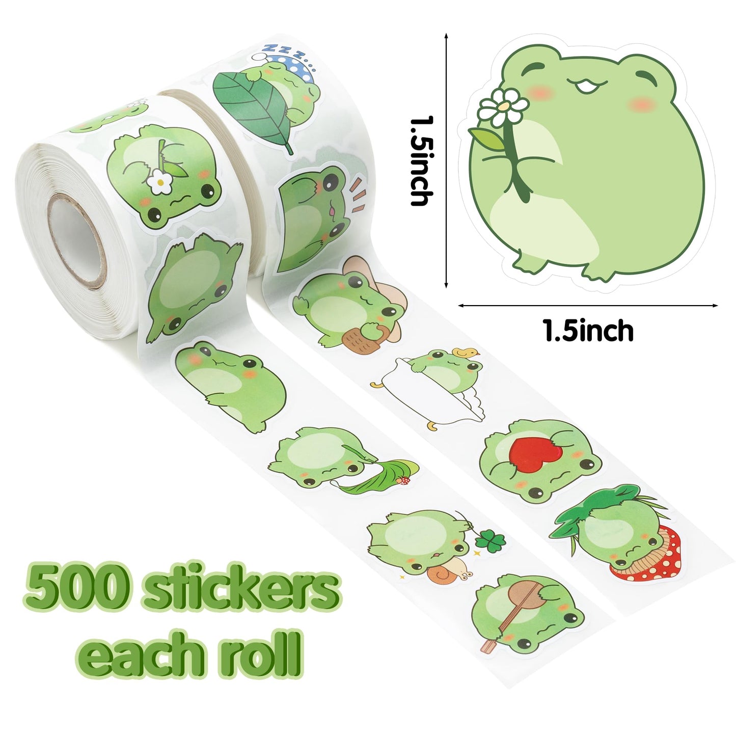 W1cwey Frog Sticker Rolls – 1000 Pieces, 2 Rolls, 1.5-Inch, 16 Designs for Luggage, Scrapbooks, Gifts
