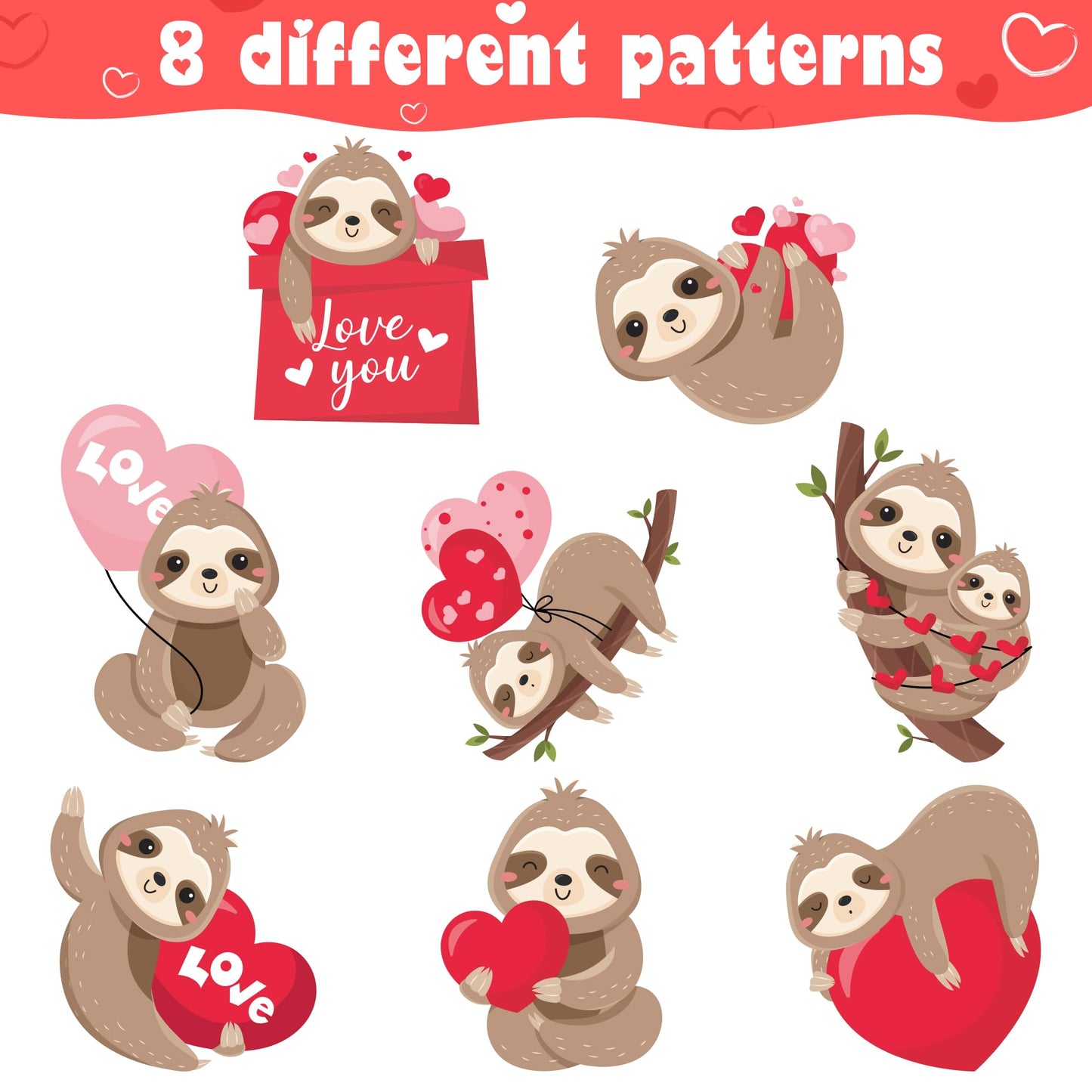 W1cwey Valentine Sloth Sticker Roll - 1,000 Waterproof Vinyl Stickers for Laptops & More