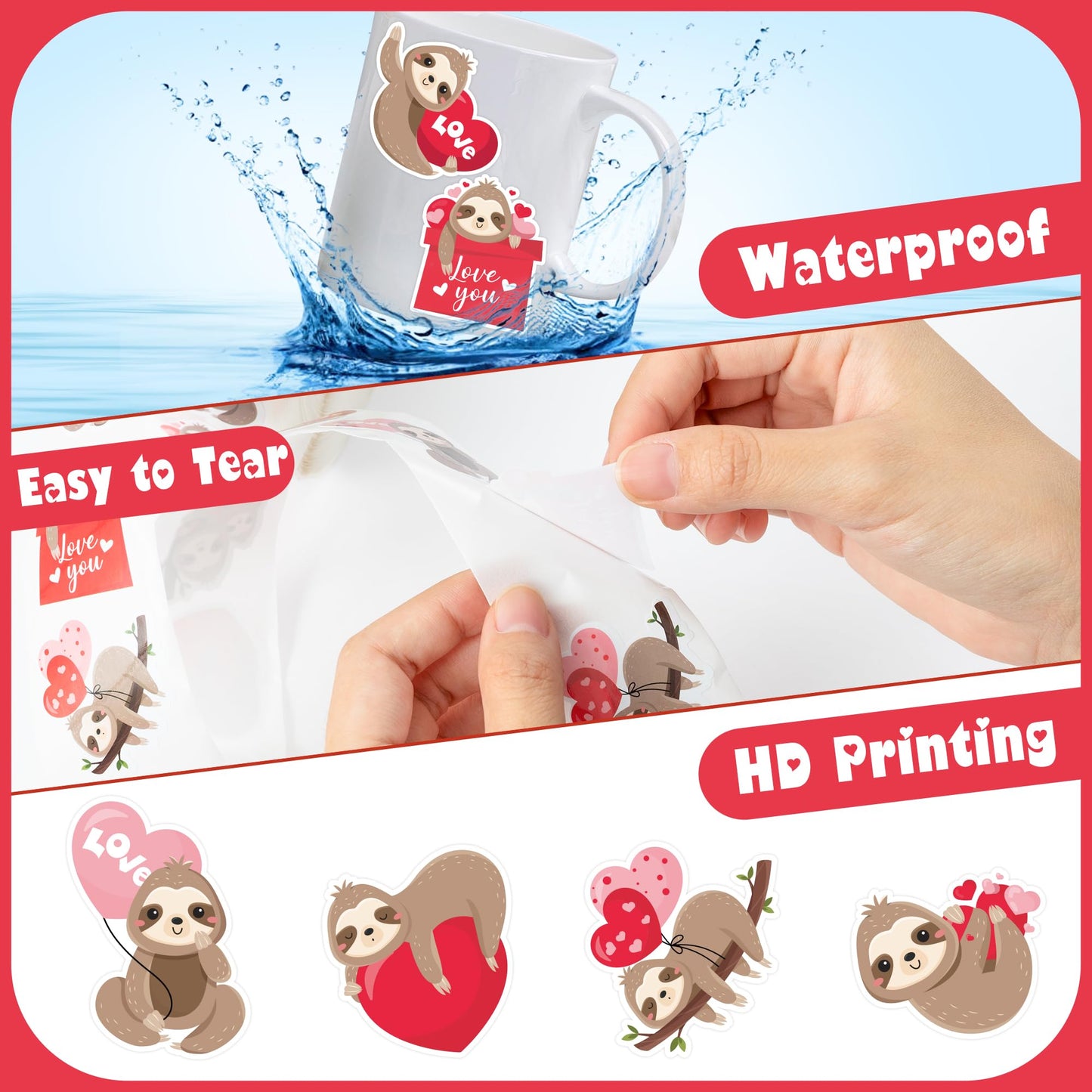 W1cwey Valentine Sloth Sticker Roll - 1,000 Waterproof Vinyl Stickers for Laptops & More