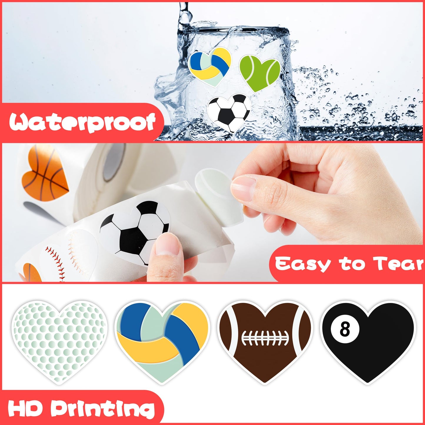 W1cwey Waterproof Kids' Sticker Roll – 1000 Heart-Shaped Sports Stickers for Gift Wrapping and Crafts