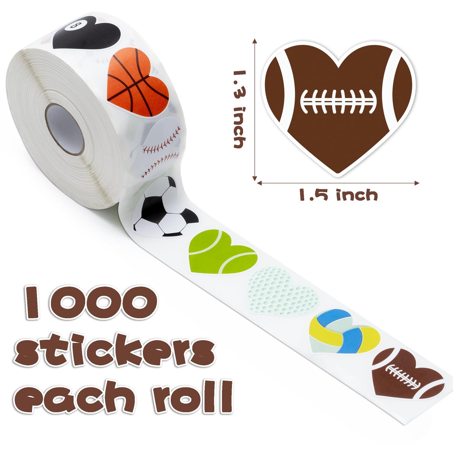 W1cwey Waterproof Kids' Sticker Roll – 1000 Heart-Shaped Sports Stickers for Gift Wrapping and Crafts