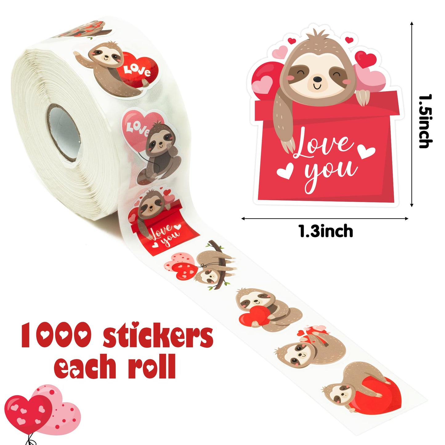 W1cwey Valentine Sloth Sticker Roll - 1,000 Waterproof Vinyl Stickers for Laptops & More