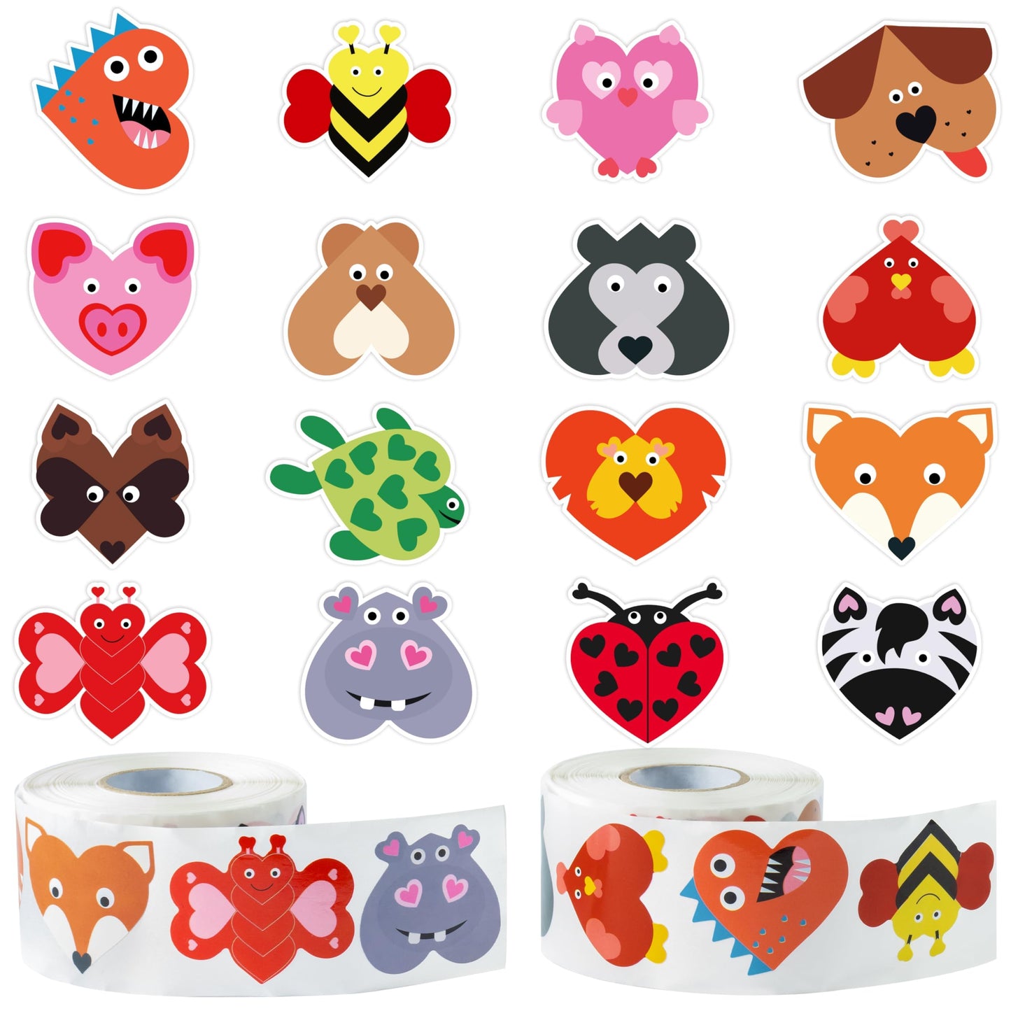 W1cwey Valentine’s Animal Heart Stickers – 1000 Pcs, 2 Rolls, 16 Designs