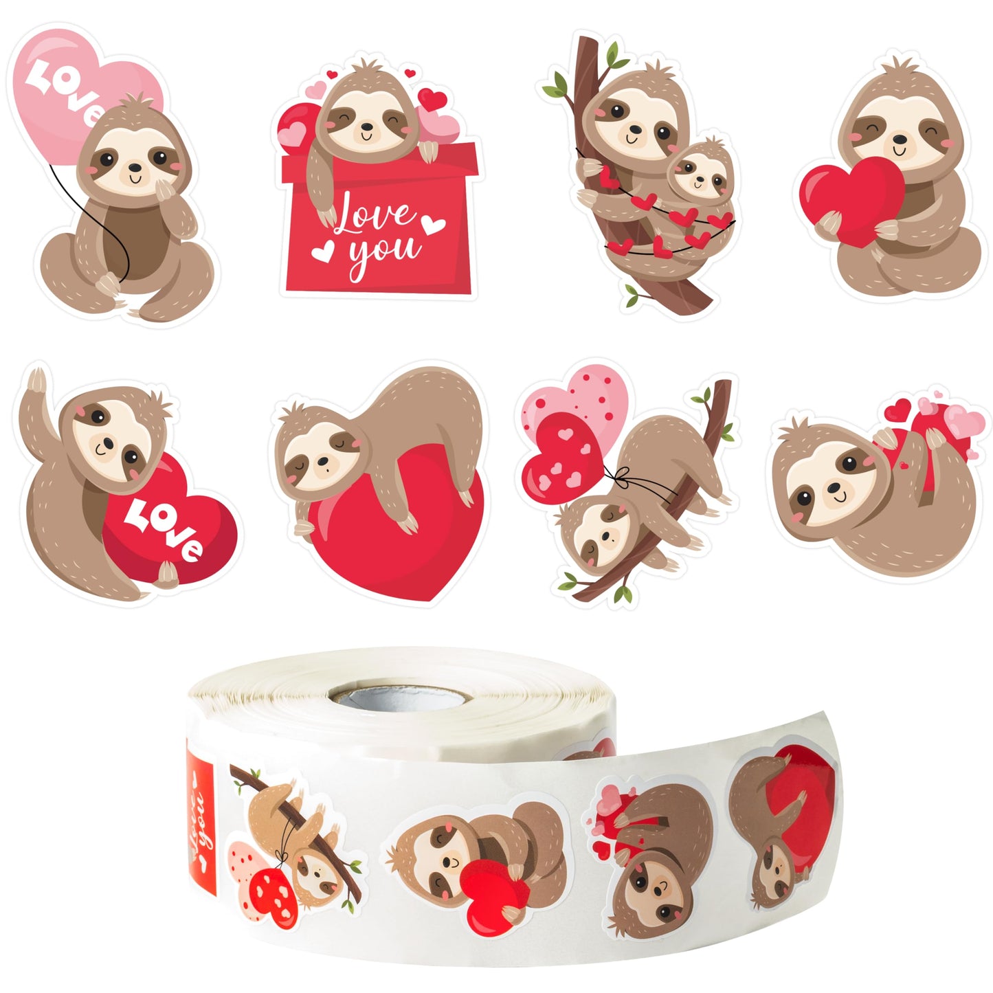 W1cwey Valentine Sloth Sticker Roll - 1,000 Waterproof Vinyl Stickers for Laptops & More