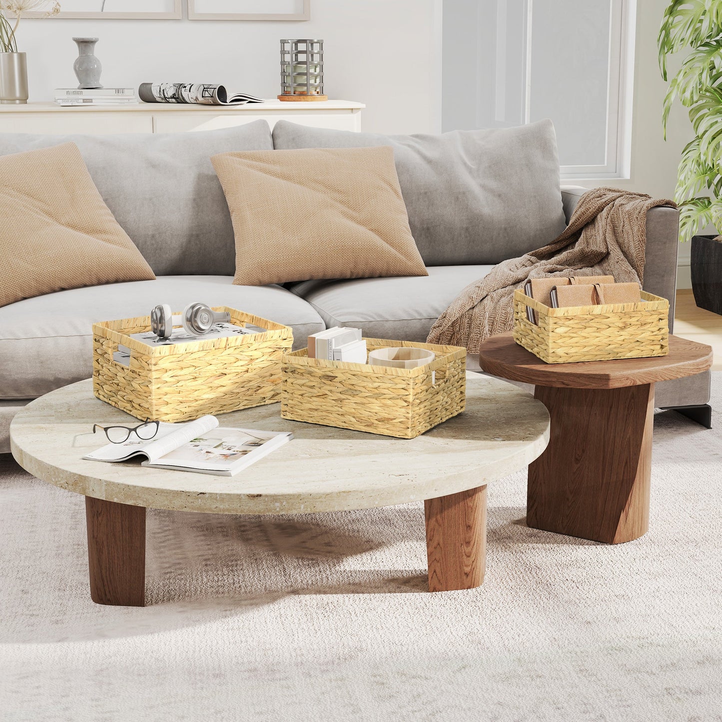 HOMCOM Set of 3 Wicker Storage Baskets, Woven Baskets with Handles, Natural
