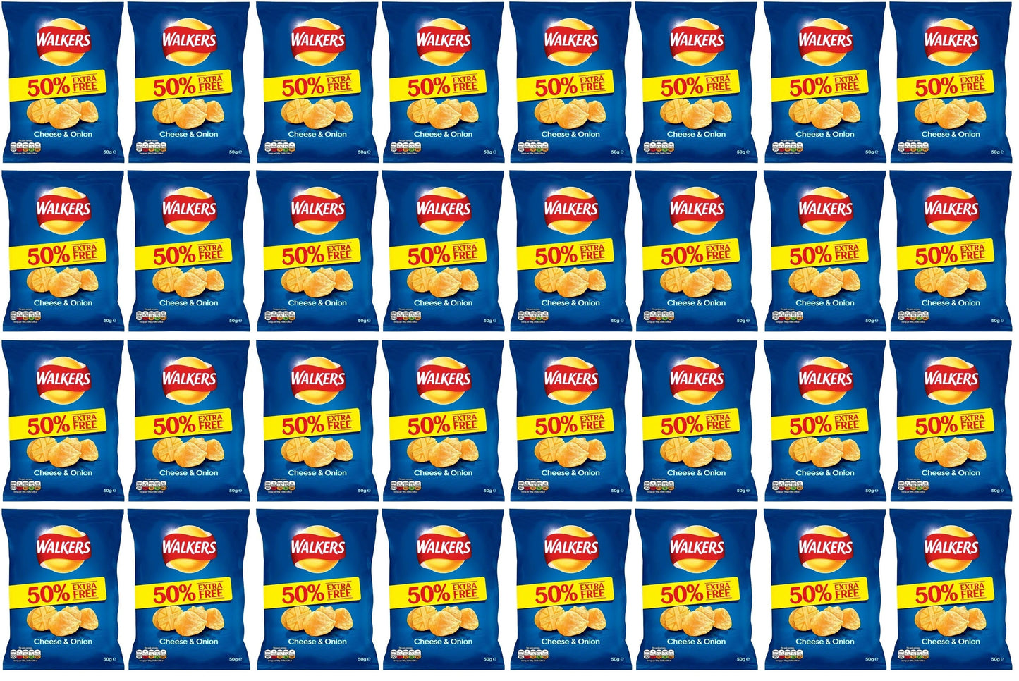 32 x Walkers Unmistakably Cheese & Onion 32.5G +50 Extra