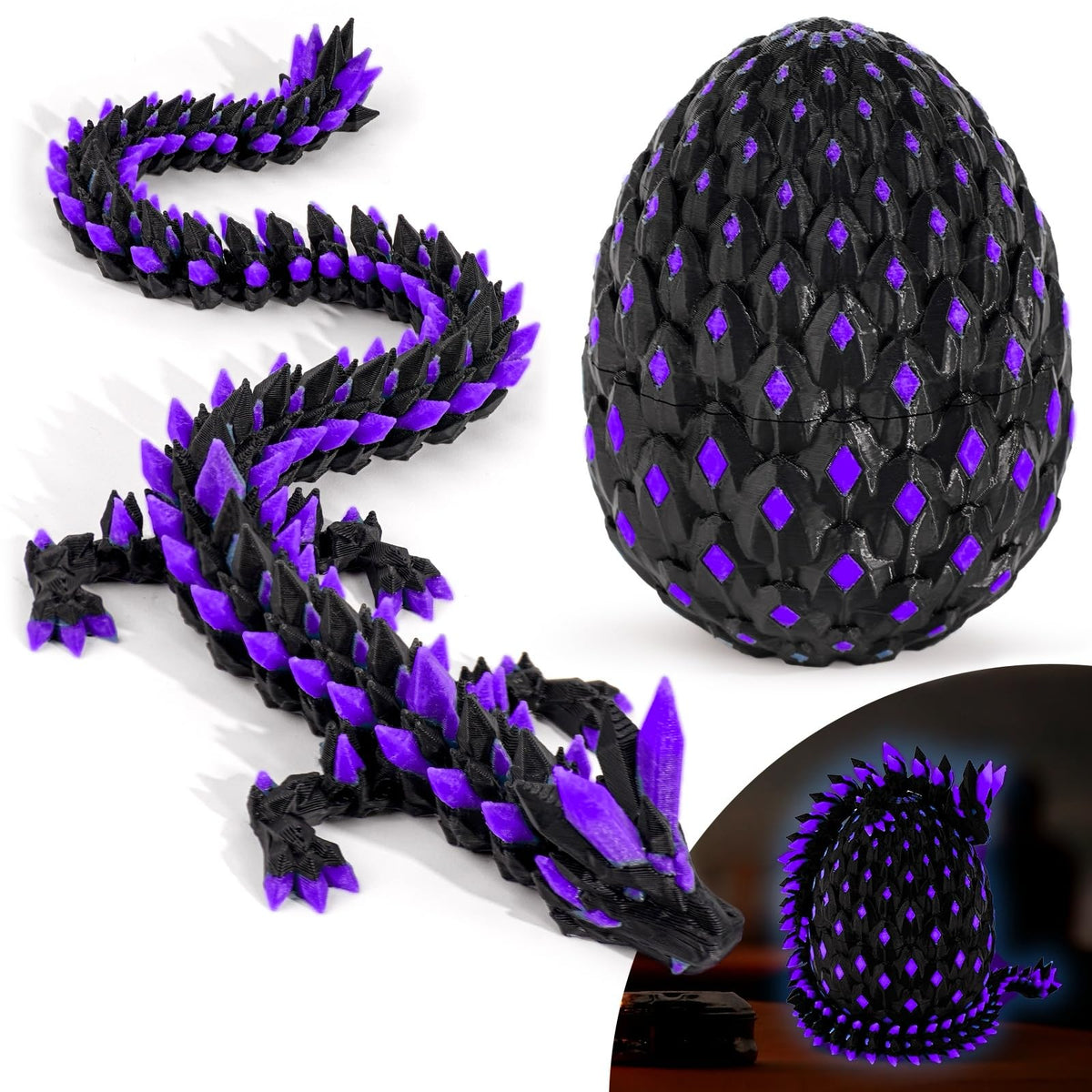 Waaaandefu 3D Printed Dragon & Egg – Glow-in-the-Dark UV Reactive Collectible (Void Amethyst, 2025)