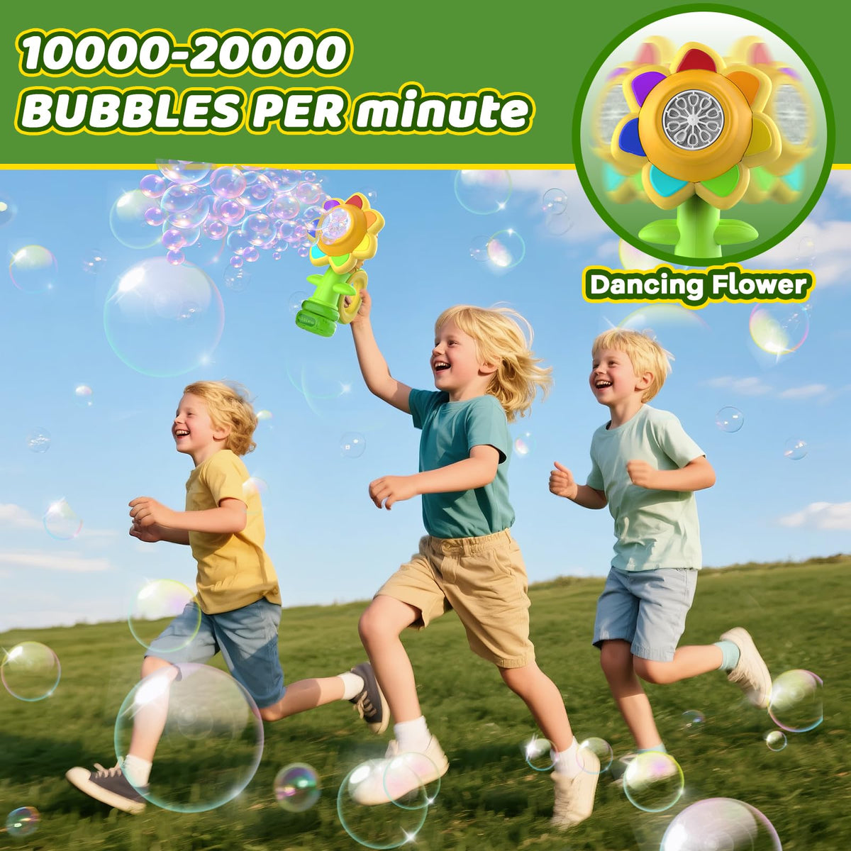 WABALLO Bubble Machine for Kids – Automatic Sunflower Bubble Maker with LED Lights