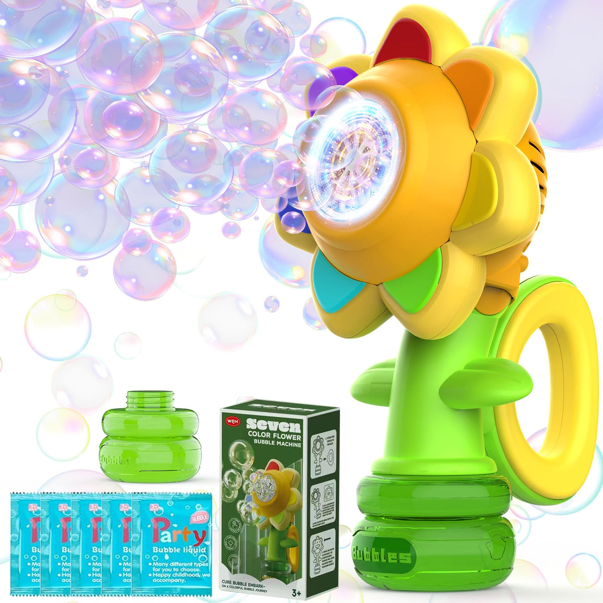 WABALLO Bubble Machine for Kids – Automatic Sunflower Bubble Maker with LED Lights