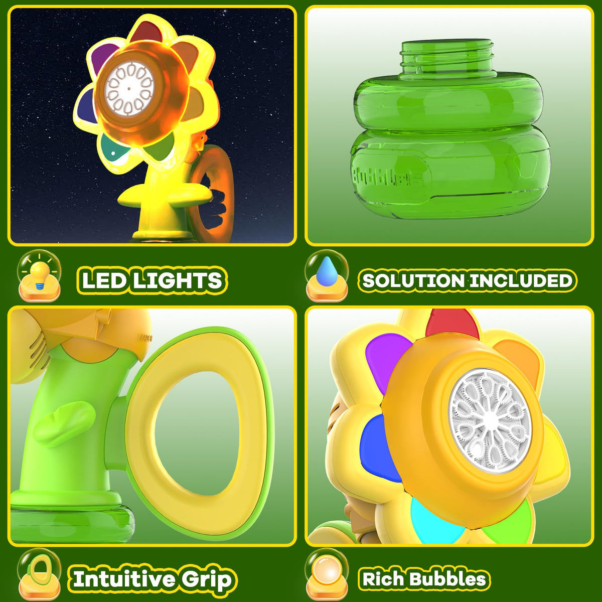 WABALLO Bubble Machine for Kids – Automatic Sunflower Bubble Maker with LED Lights