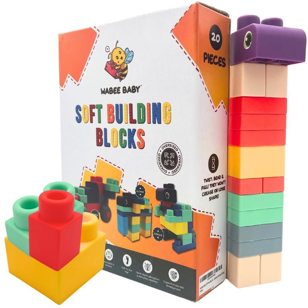 WaBee Baby Big Soft Building Blocks for Toddlers 1-3 | 20-Piece Mega Blocks with Booklet