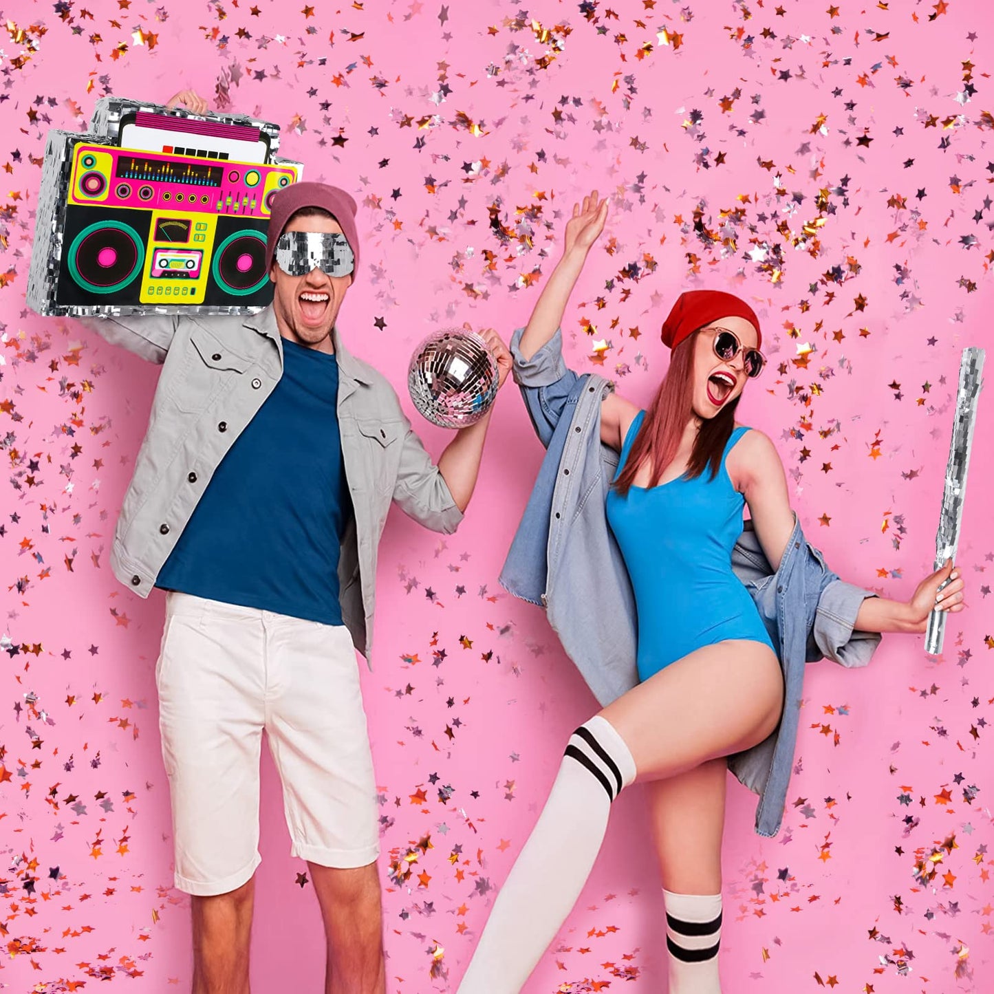 Waenerec Boombox Pinata with Stick & Blindfold – 80s Hip Hop Party Game & Large Radio Gift