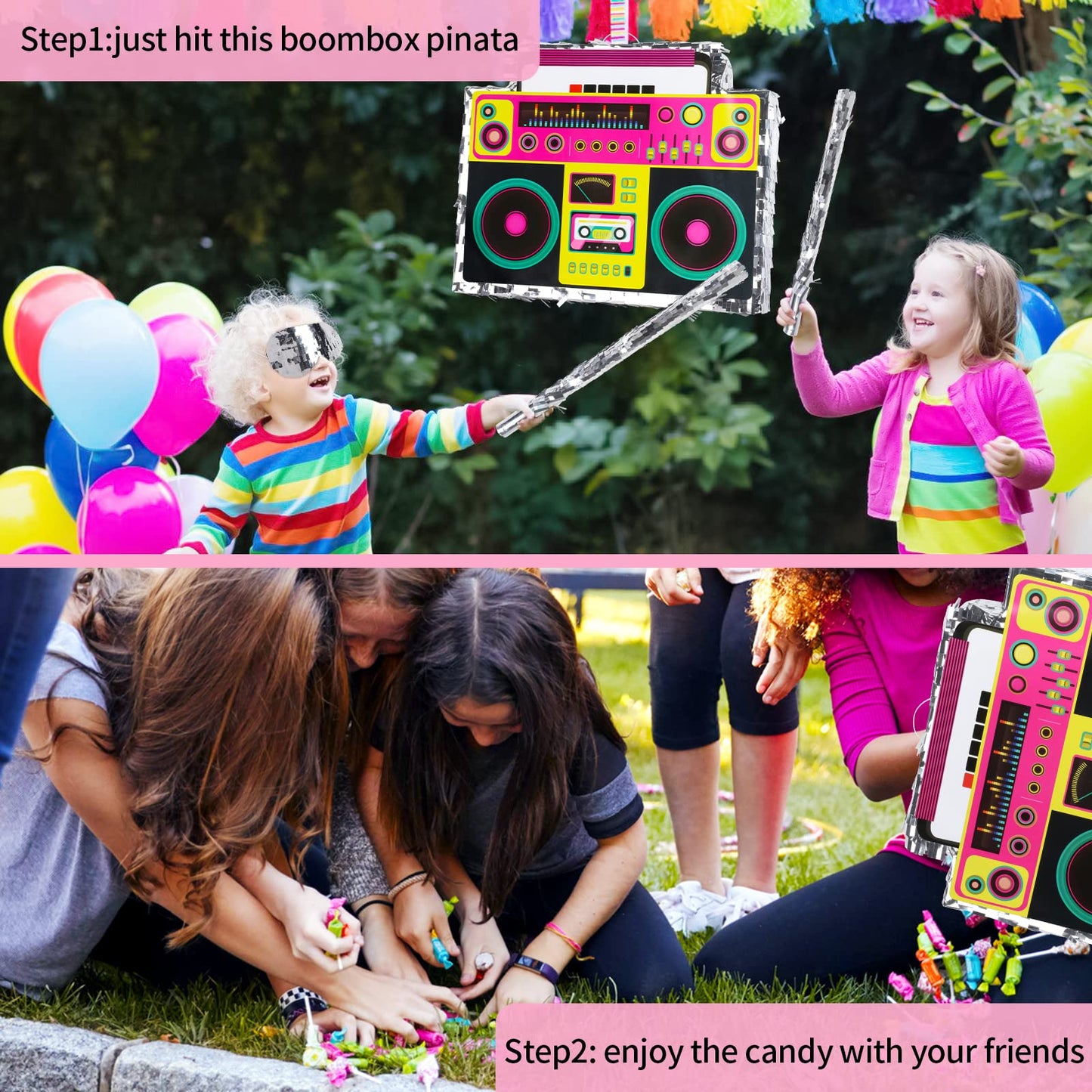 Waenerec Boombox Pinata with Stick & Blindfold – 80s Hip Hop Party Game & Large Radio Gift