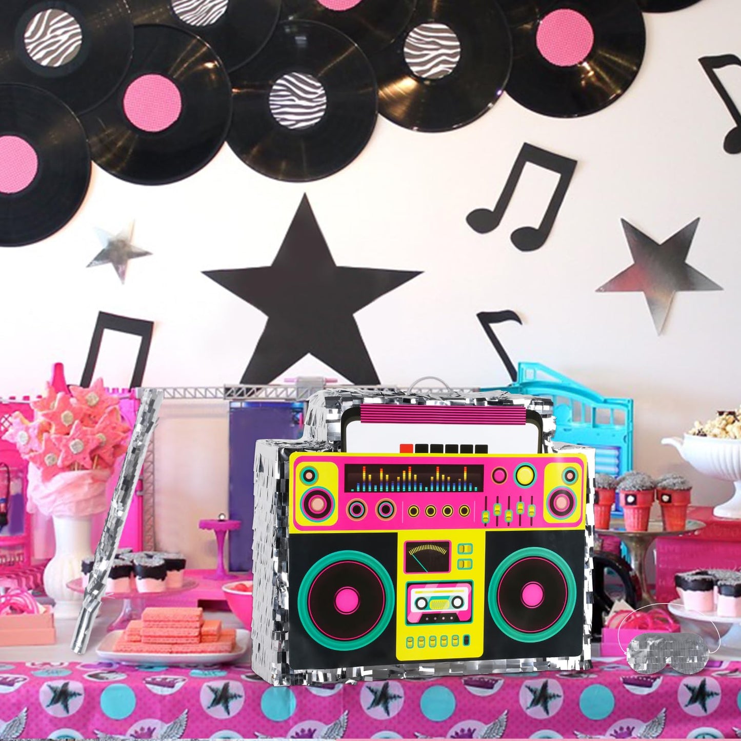 Waenerec Boombox Pinata with Stick & Blindfold – 80s Hip Hop Party Game & Large Radio Gift