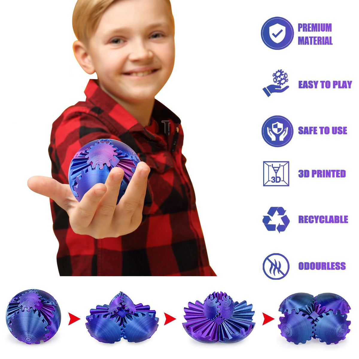 wagkew 4-Piece Gear Ball Fidget Toy – 2.6-Inch 3D-Printed Gear Sphere for Stress Relief