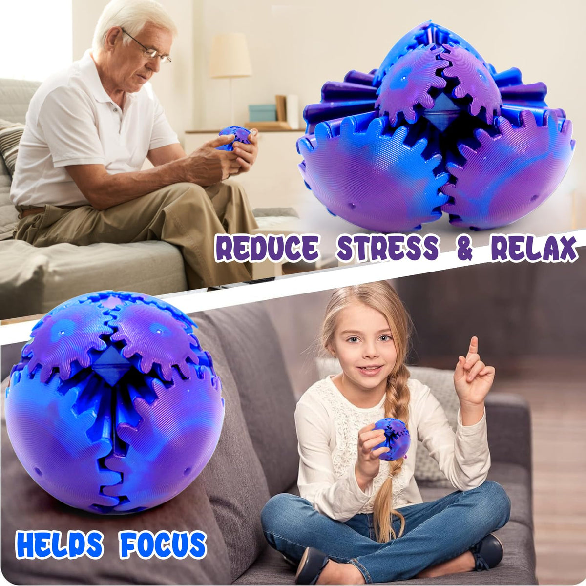 wagkew 4-Piece Gear Ball Fidget Toy – 2.6-Inch 3D-Printed Gear Sphere for Stress Relief