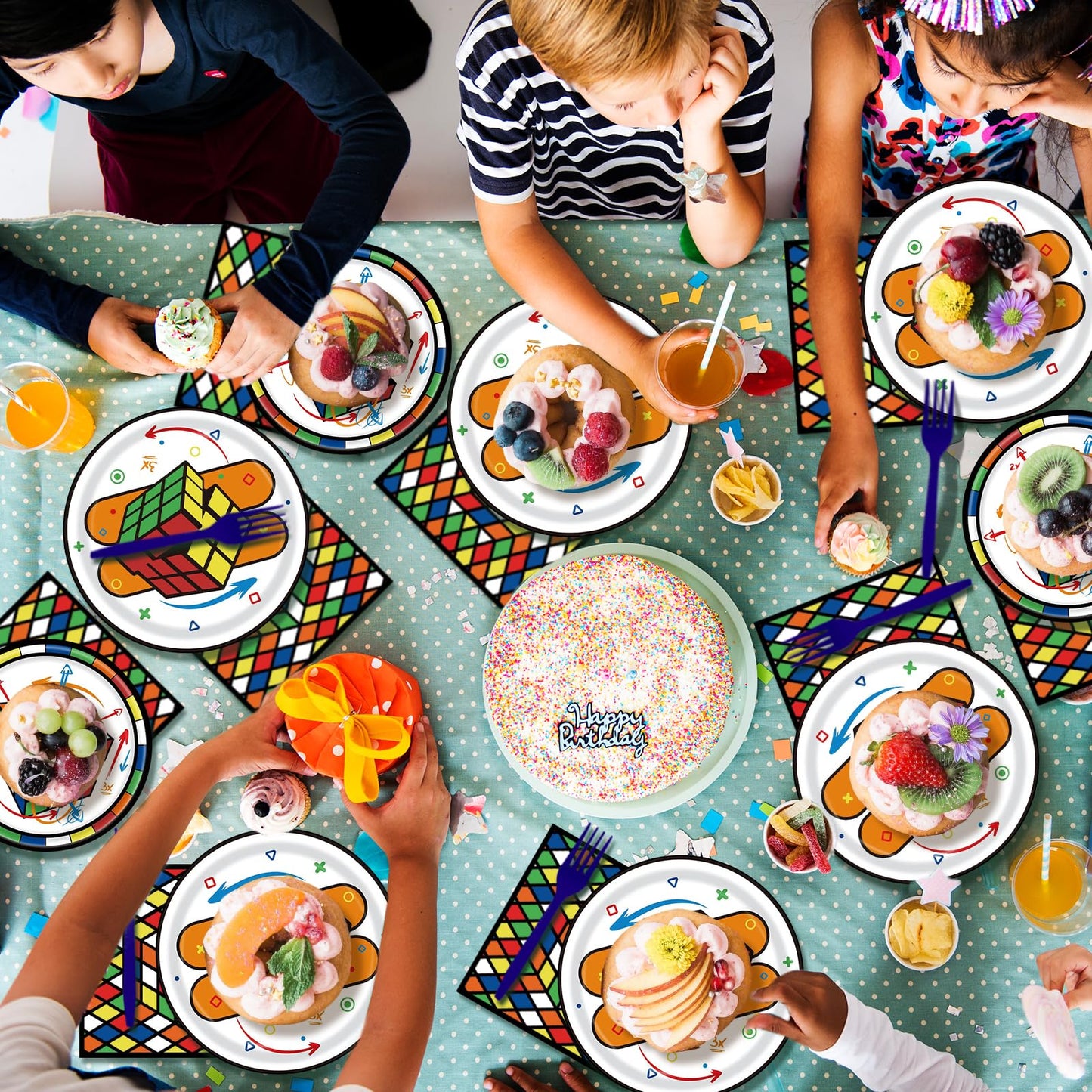 WAHA-GG 96 Pcs 3D Cube Supplies – Colorful Plates, Napkins & Forks for 24 Guests