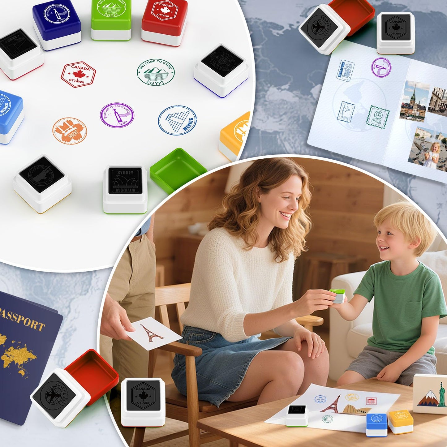 WAHXIAOSW 28-Piece Passport Stamp Set for Kids – City & Country Stamps with Storage Box