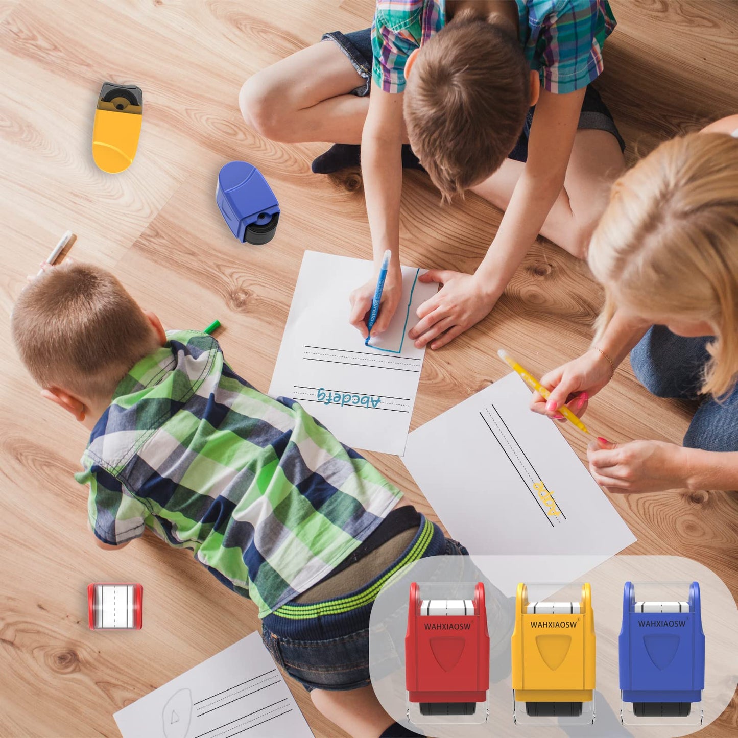 WAHXIAOSW Handwriting Lines Stamp Roller – Self-Inking Practice Tool for Kids & Teachers (Yellow)