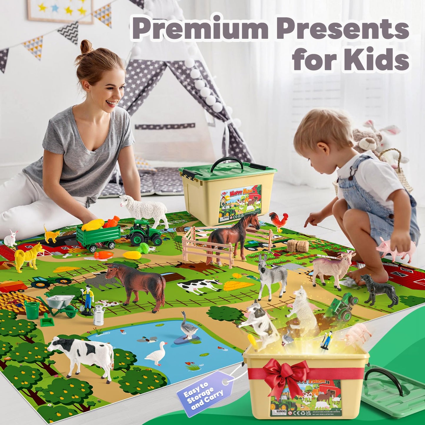 WAIIW Farm Animal Toys for Toddlers – 38 Pcs with Large 47.2x31.4-Inch Play Mat & Tractor Toy