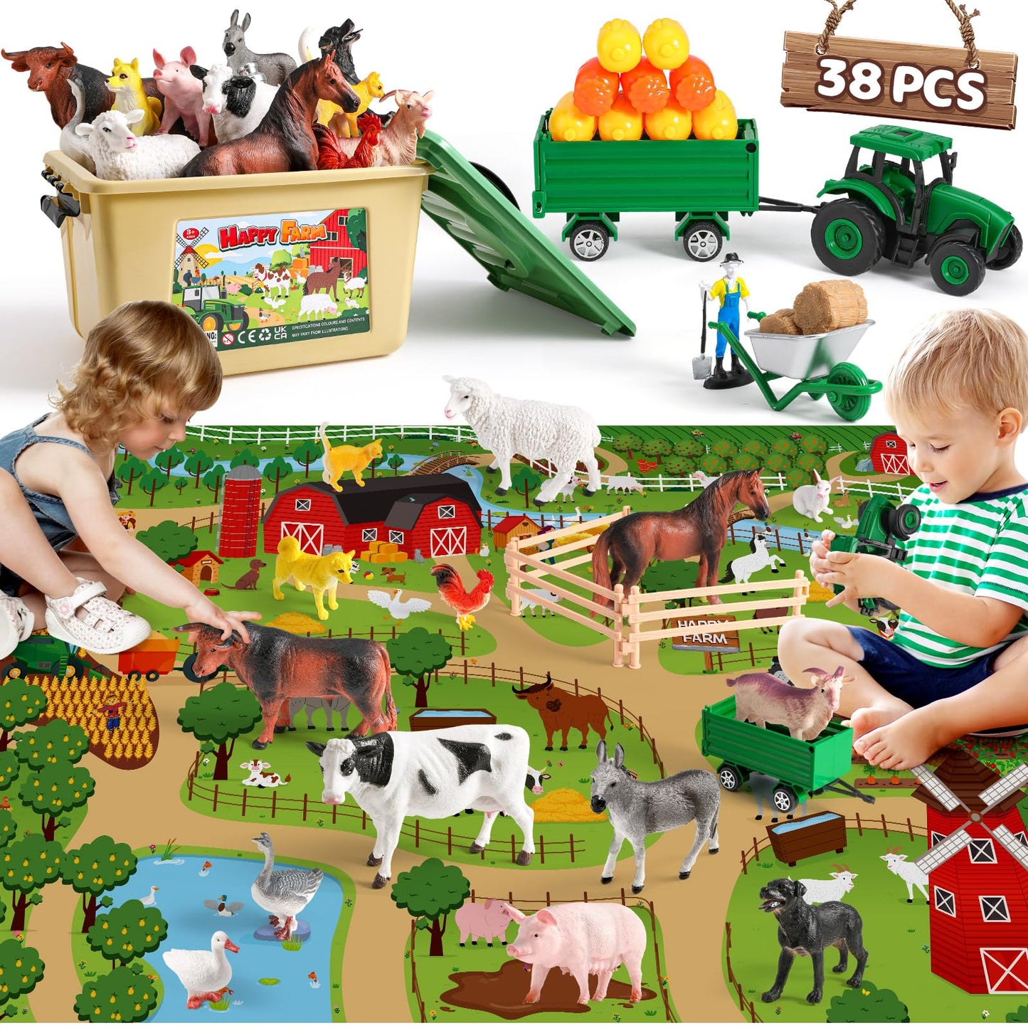 WAIIW Farm Animal Toys for Toddlers – 38 Pcs with Large 47.2x31.4-Inch Play Mat & Tractor Toy