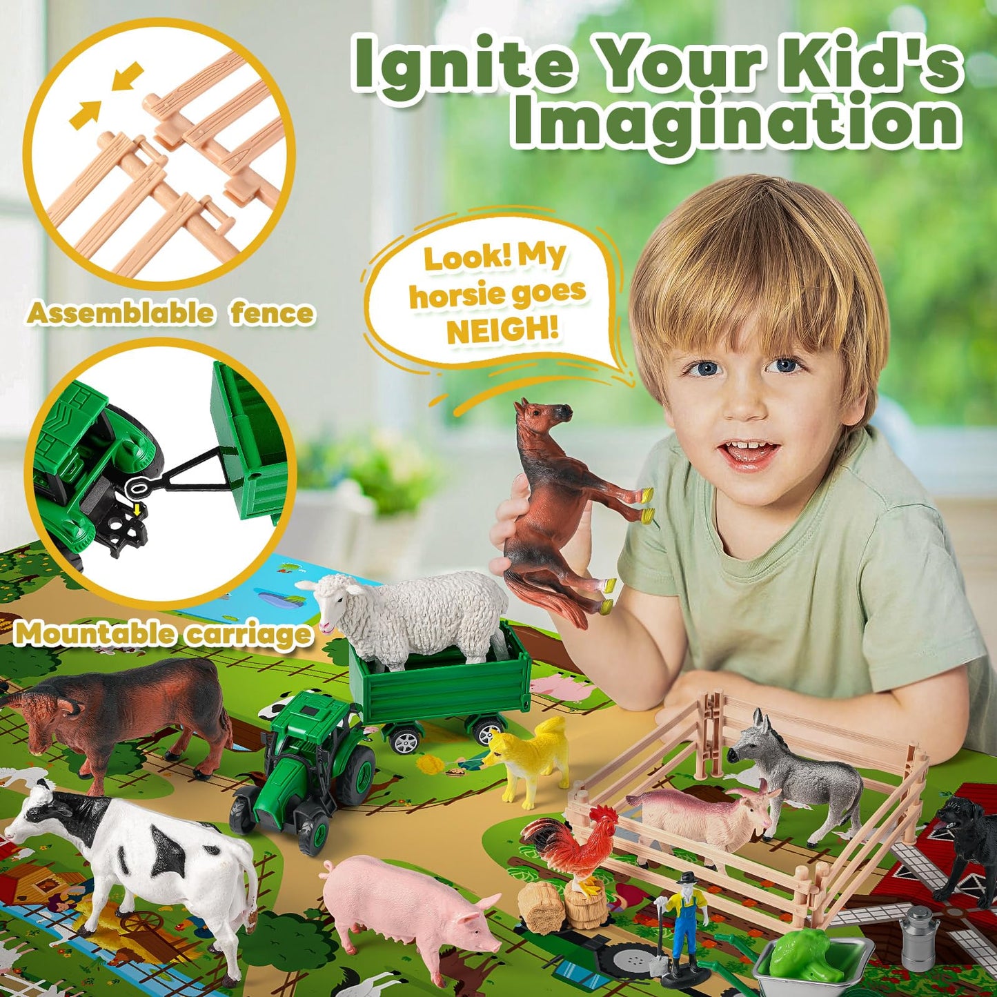 WAIIW Farm Animal Toys for Toddlers – 38 Pcs with Large 47.2x31.4-Inch Play Mat & Tractor Toy