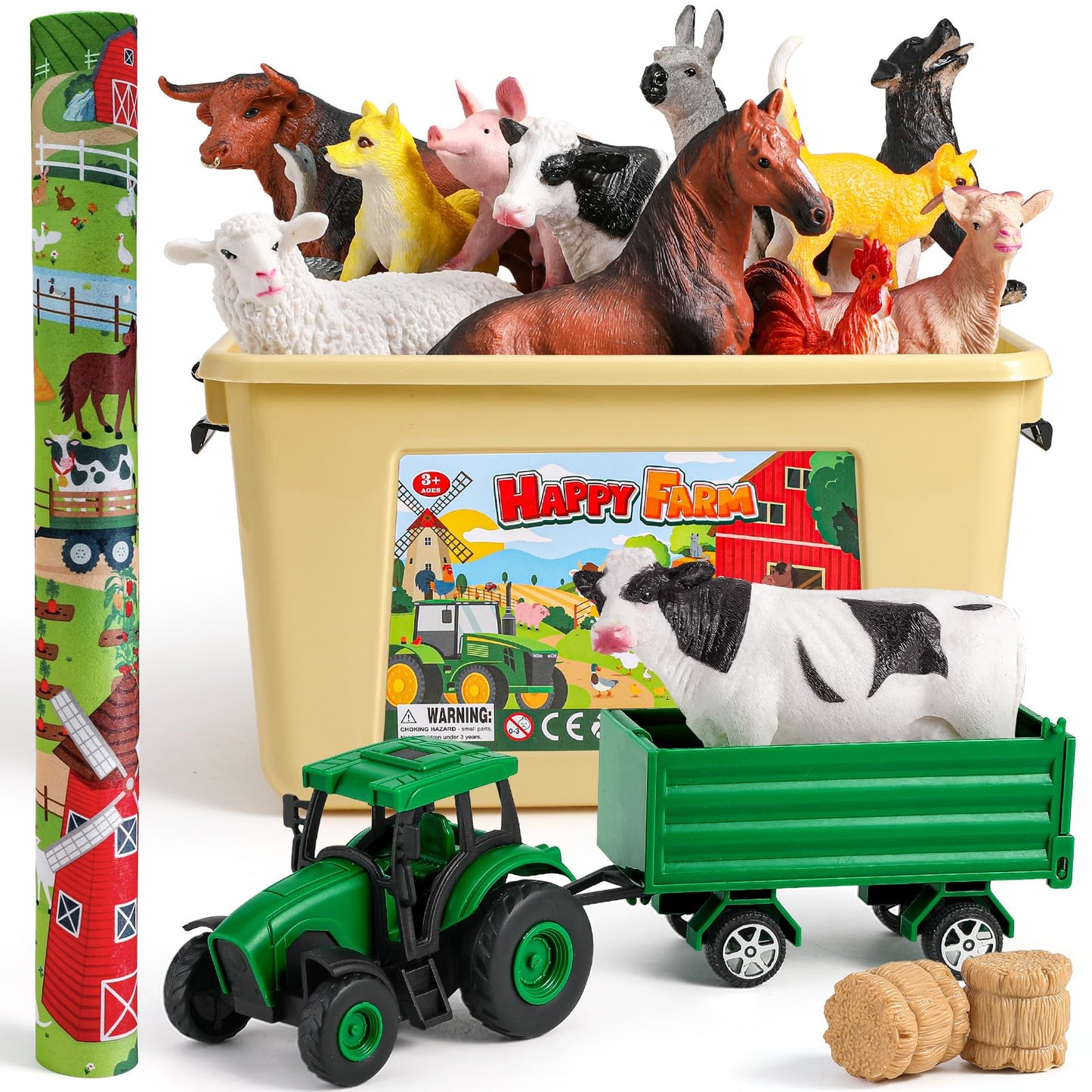 WAIIW Farm Animal Toys for Toddlers – 38 Pcs with Large 47.2x31.4-Inch Play Mat & Tractor Toy