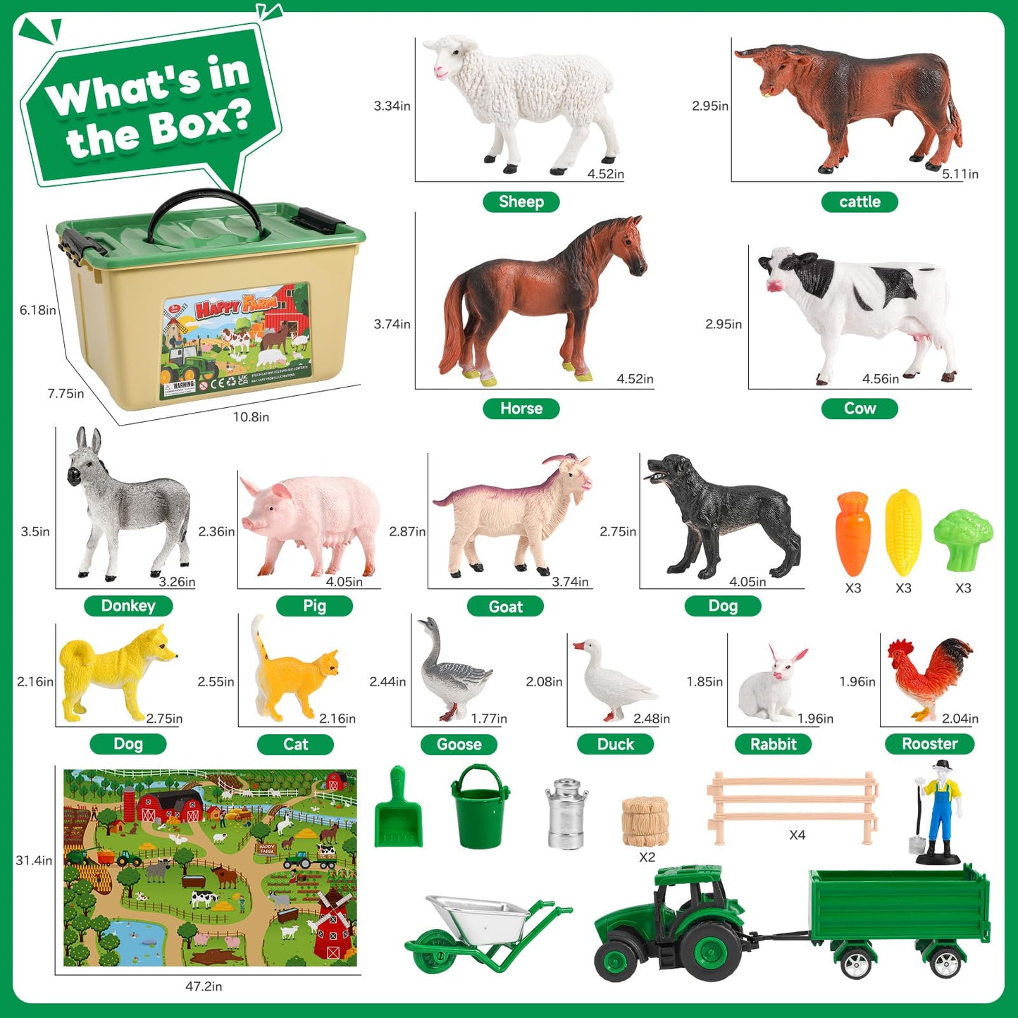 WAIIW Farm Animal Toys for Toddlers – 38 Pcs with Large 47.2x31.4-Inch Play Mat & Tractor Toy