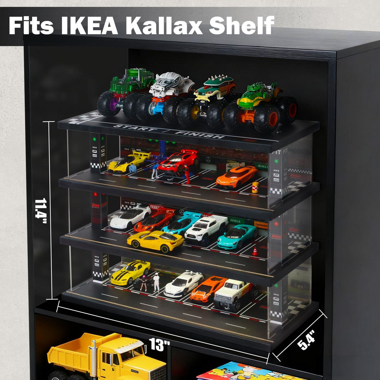 Waivvy Display Case for Hot Wheels: LED 4-Level 1:64 Diecast Storage Diorama