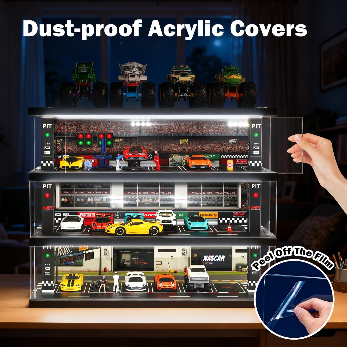 Waivvy Display Case for Hot Wheels: LED 4-Level 1:64 Diecast Storage Diorama