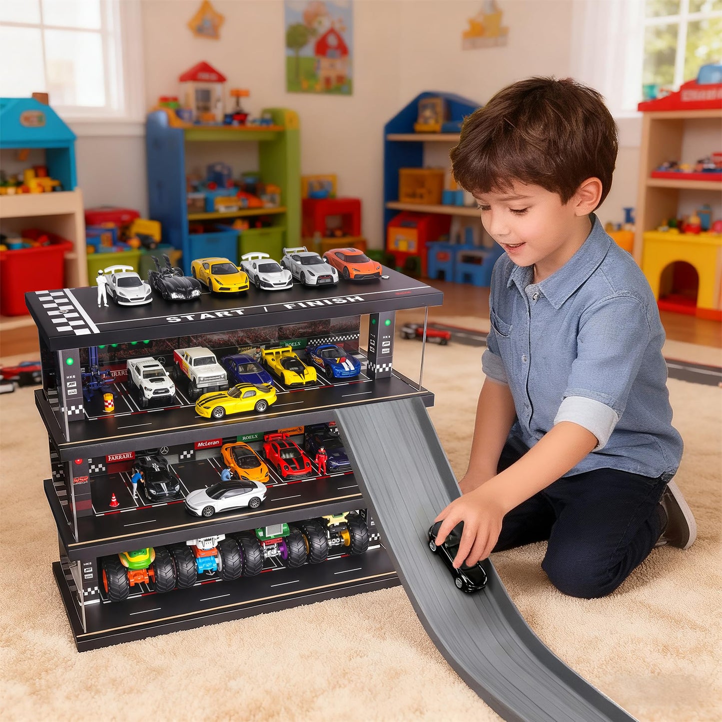 Waivvy Display Case for Hot Wheels: LED 4-Level 1:64 Diecast Storage Diorama
