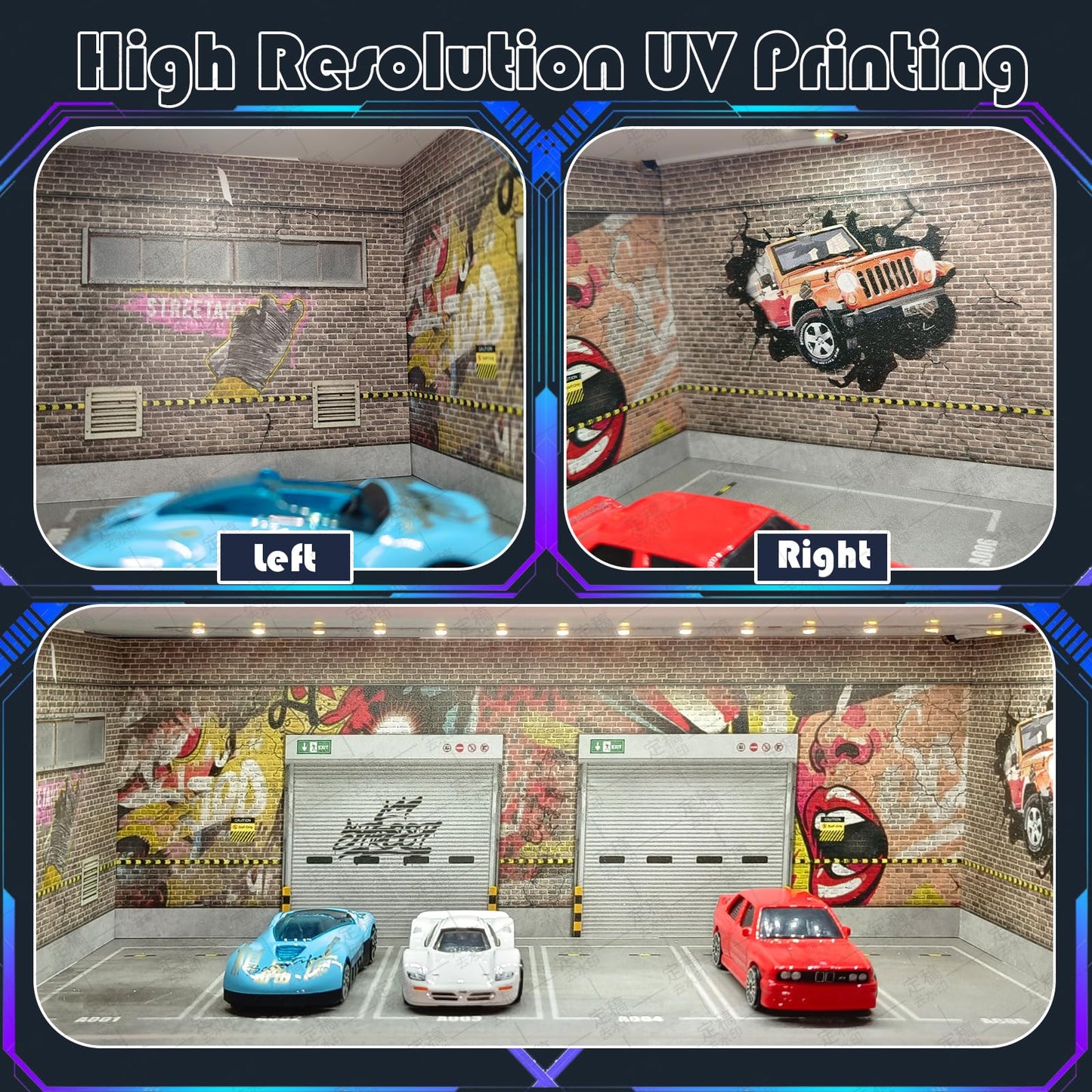 Waivvy 1/64 Scale Cars Display Garage with LED Lights — Graffiti Wall Edition
