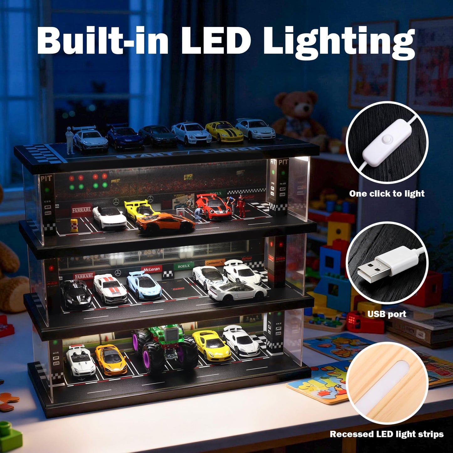 Waivvy Display Case for Hot Wheels: LED 4-Level 1:64 Diecast Storage Diorama