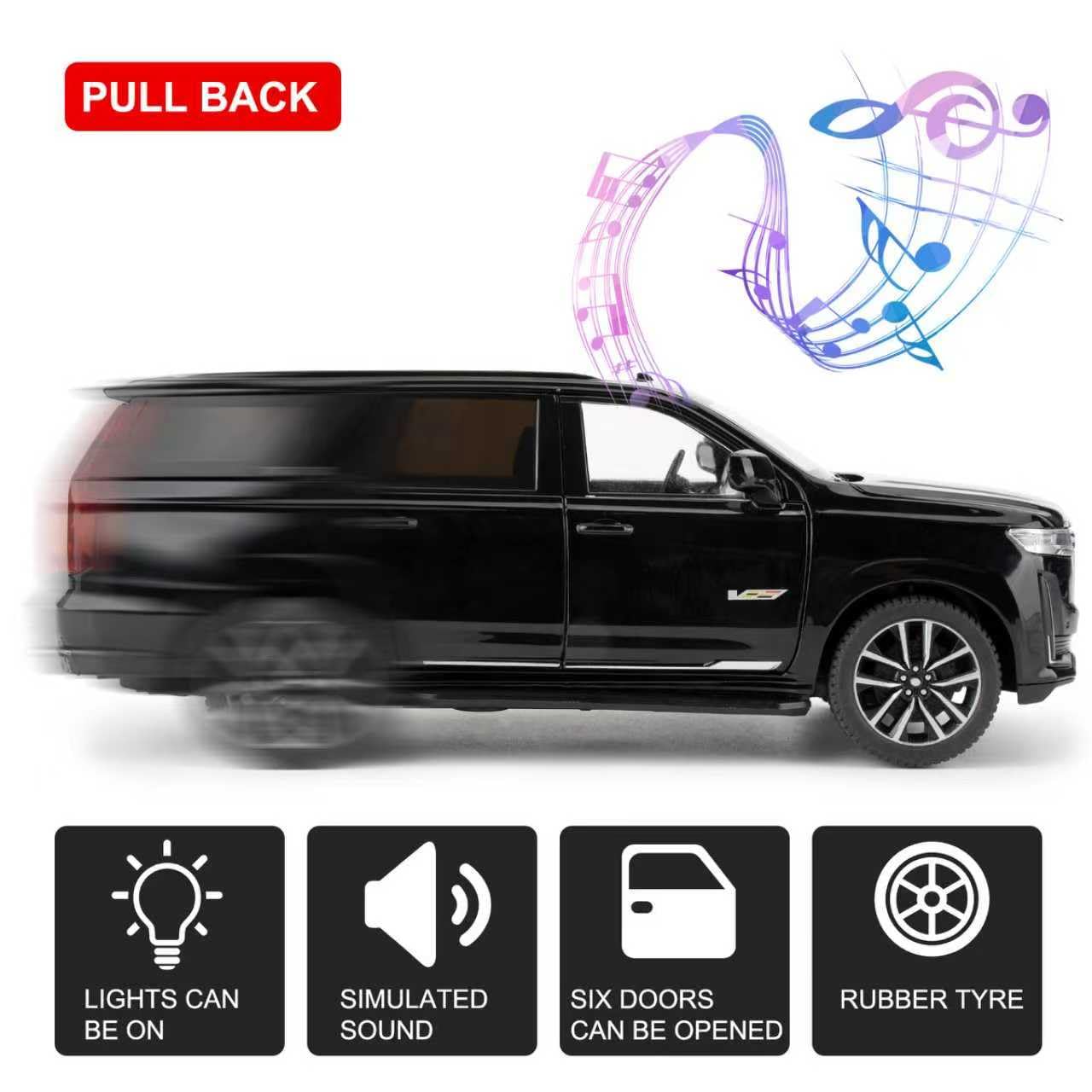 WAKAKAC 1:24 Escalade Toy Car – Alloy Diecast with Lights, Sounds, Pull-Back (Black)