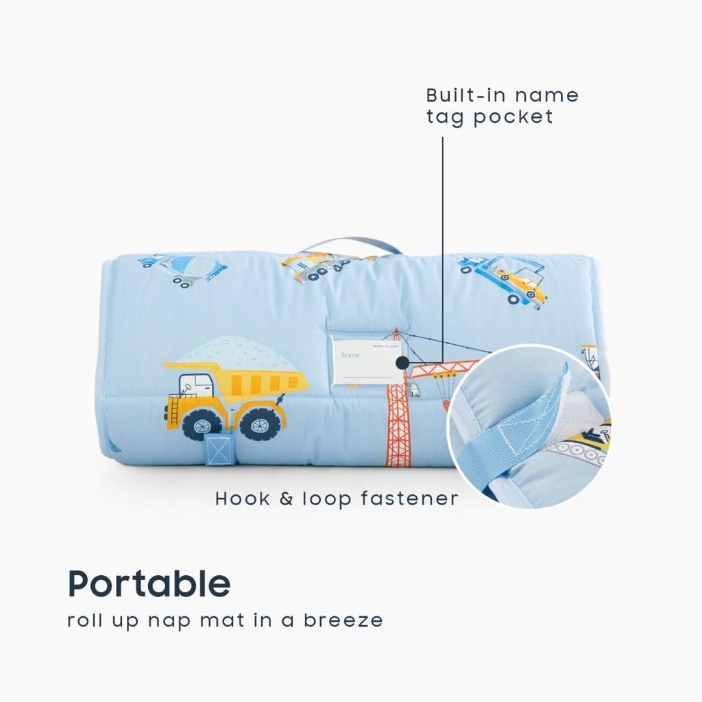 Wake In Cloud Toddler Nap Mat with Pillow & Blanket – 50x20, 100% Cotton, Cars & Trucks, Blue