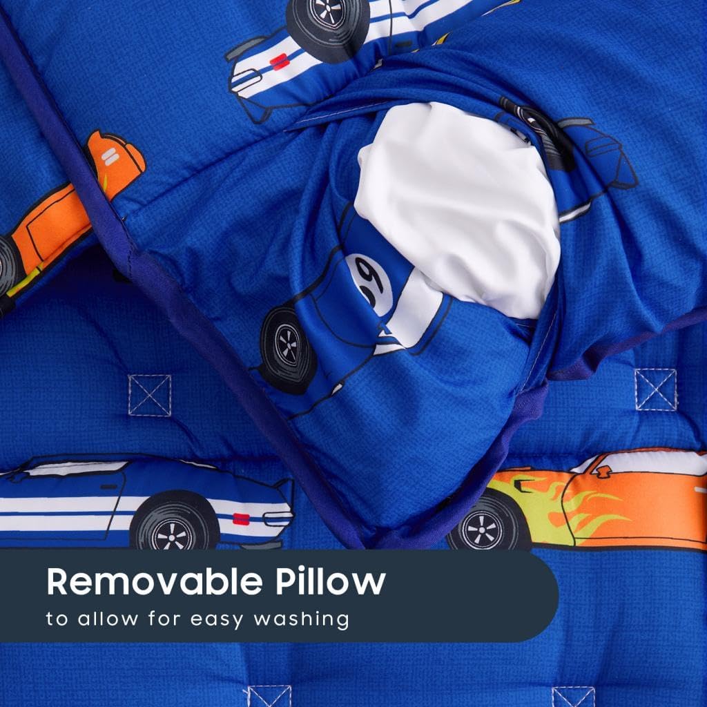 Wake In Cloud Toddler Nap Mat with Pillow & Blanket – Race Cars Blue