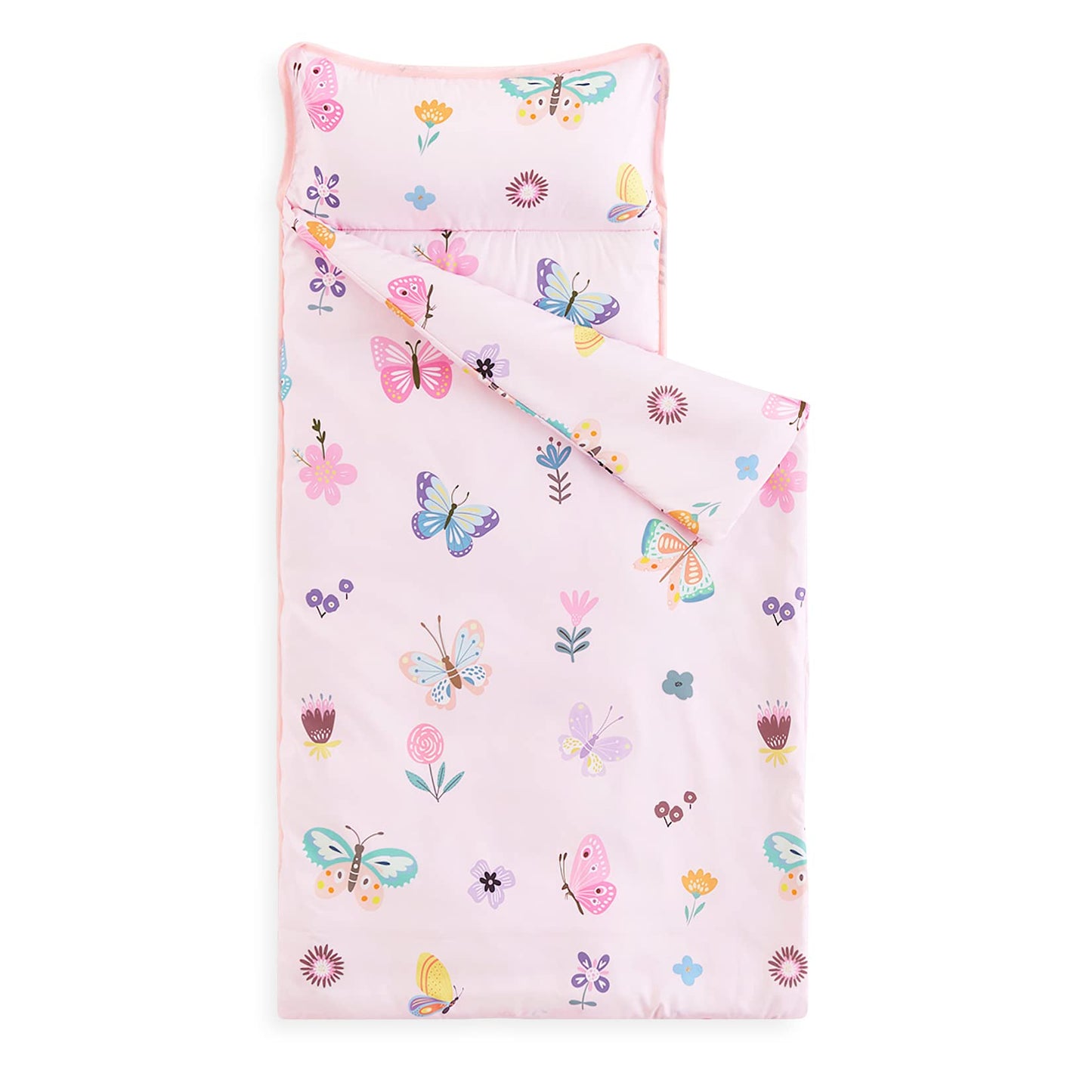 Wake In Cloud Toddler Nap Mat with Pillow & Blanket – Pink Butterfly Design for Preschool & Daycare