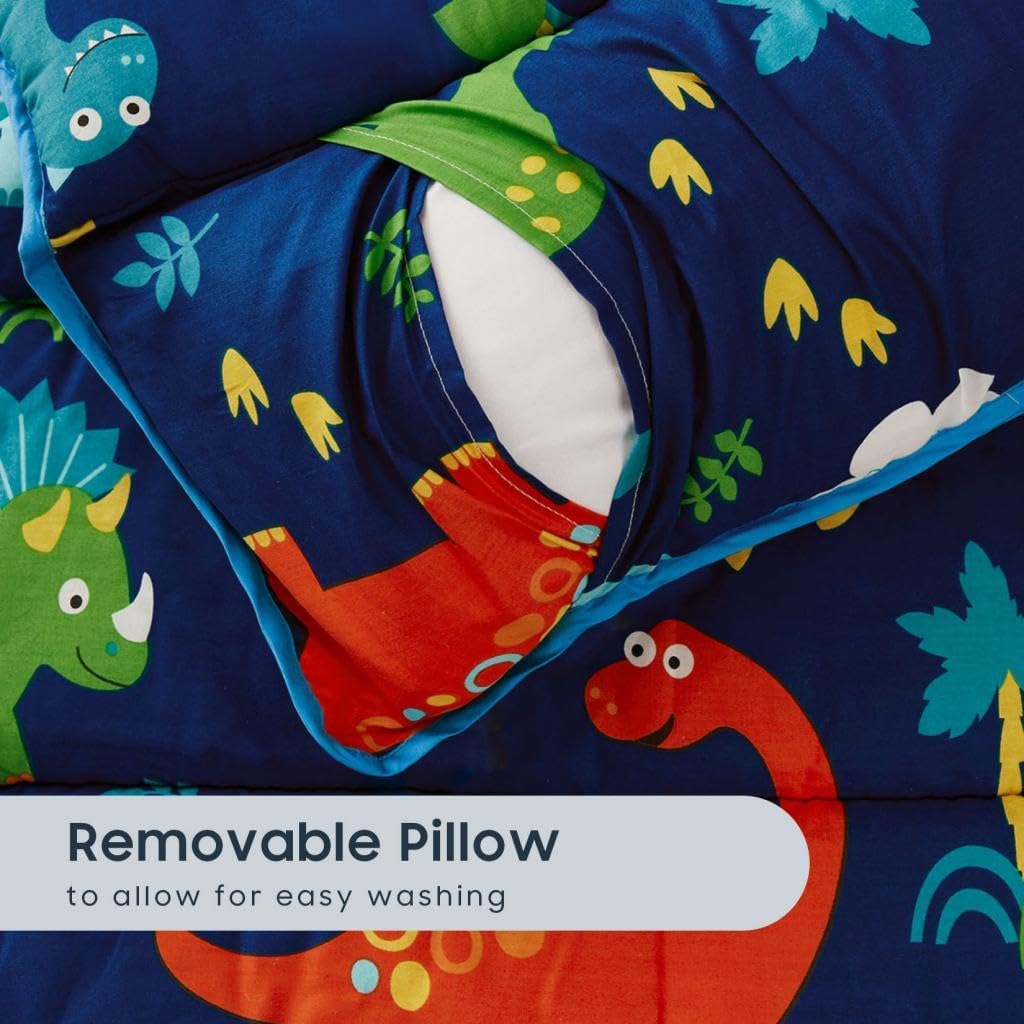 Wake In Cloud Toddler Nap Mat with Pillow and Blanket – 100% Cotton, Dinosaurs, Navy