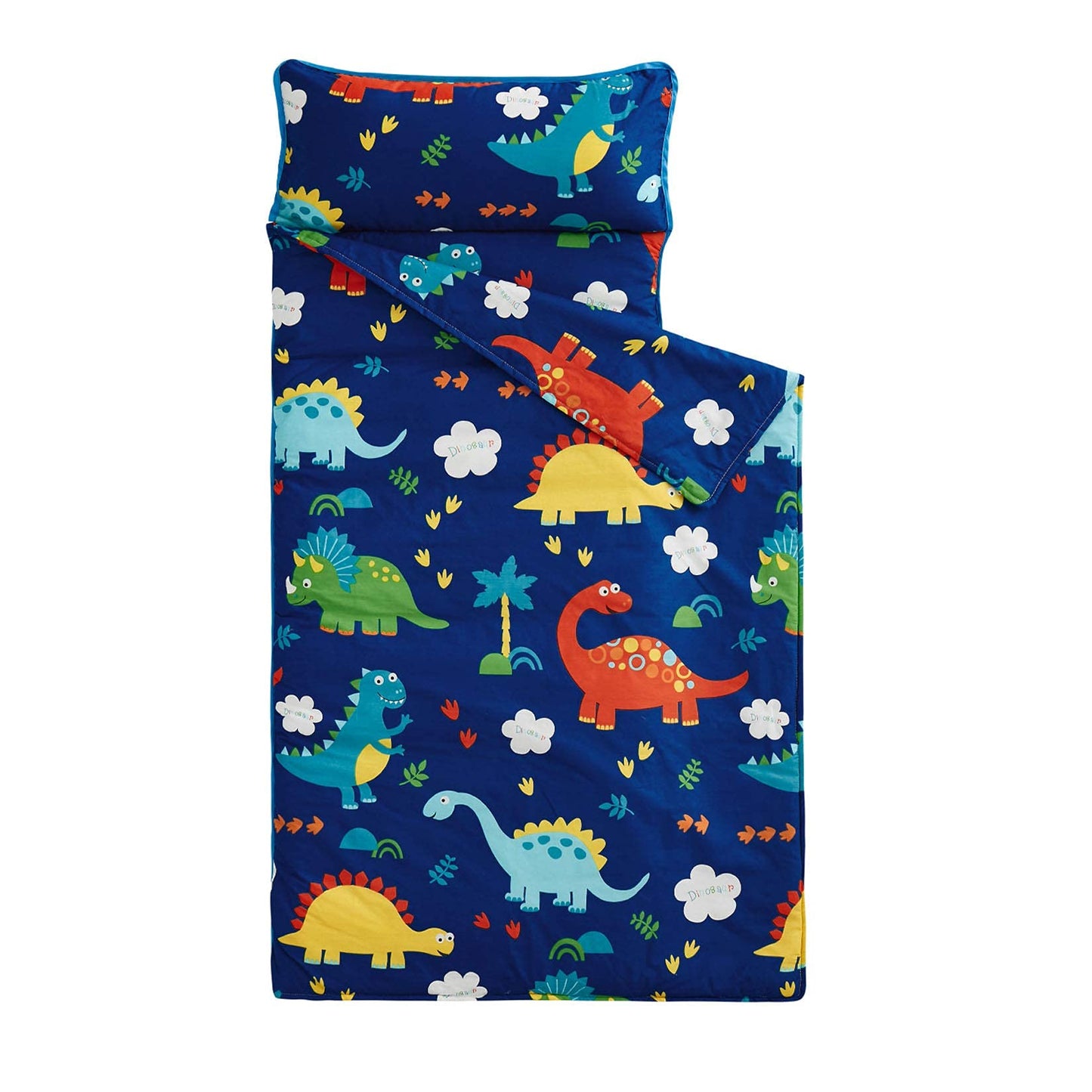 Wake In Cloud Toddler Nap Mat with Pillow and Blanket – 100% Cotton, Dinosaurs, Navy