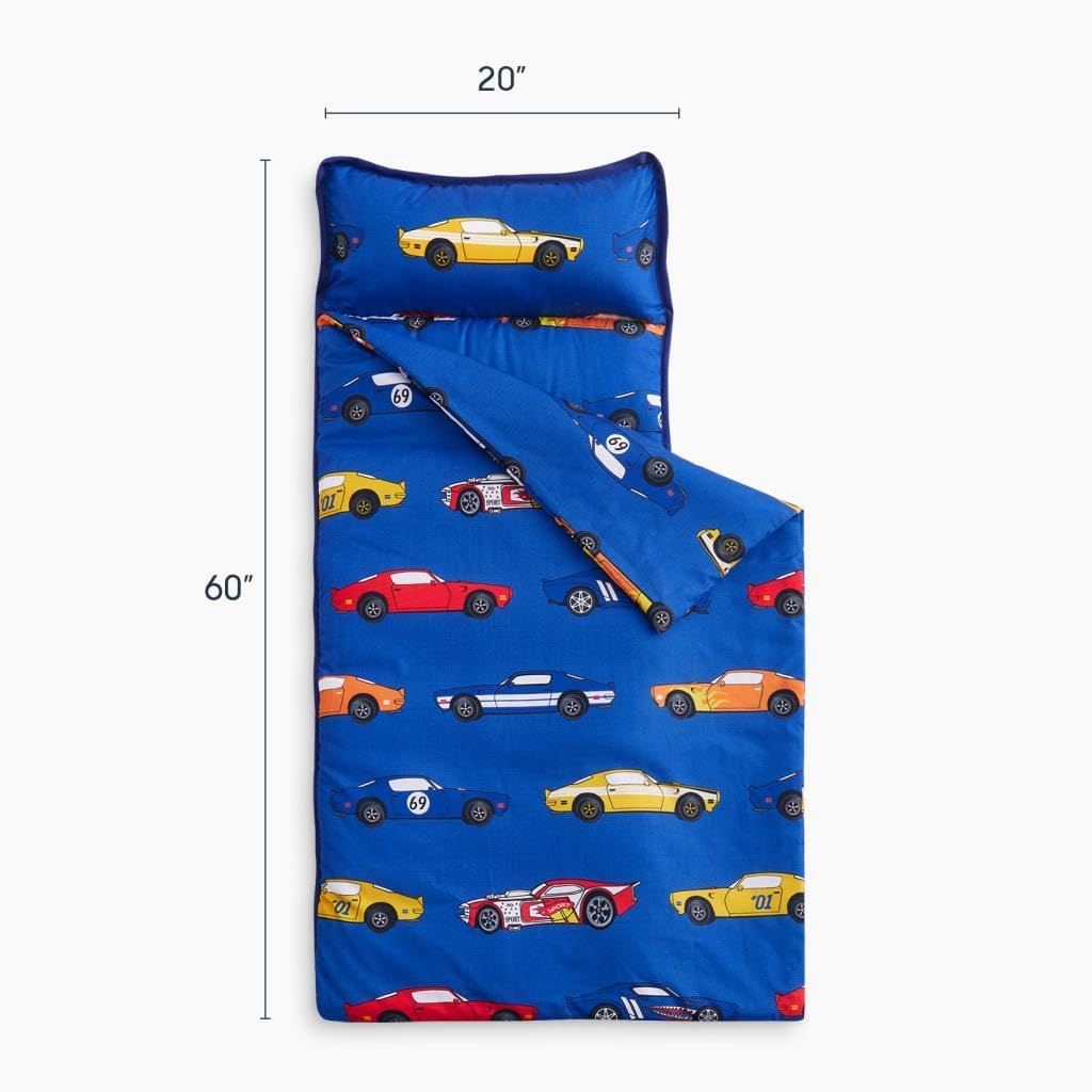Wake In Cloud Toddler Nap Mat with Pillow & Blanket – Race Cars Blue