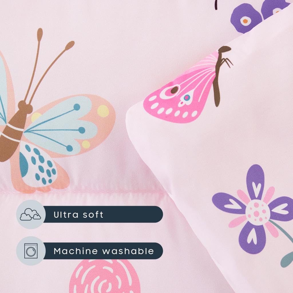 Wake In Cloud Toddler Nap Mat with Pillow & Blanket – Pink Butterfly Design for Preschool & Daycare