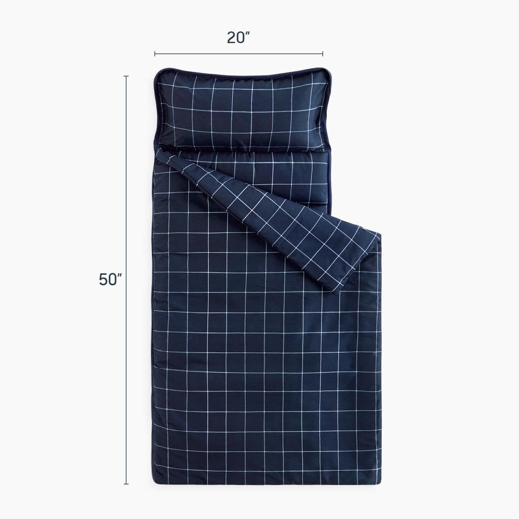 Wake In Cloud Toddler Nap Mat with Pillow & Blanket – Gingham Navy White, 50x20