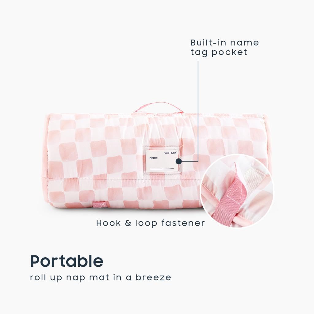 Wake In Cloud Toddler Nap Mat with Pillow & Blanket – Checkered Pink & White, 50x20 in (3+)