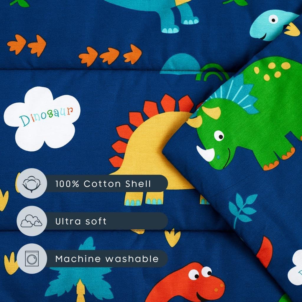 Wake In Cloud Toddler Nap Mat with Pillow and Blanket – 100% Cotton, Dinosaurs, Navy