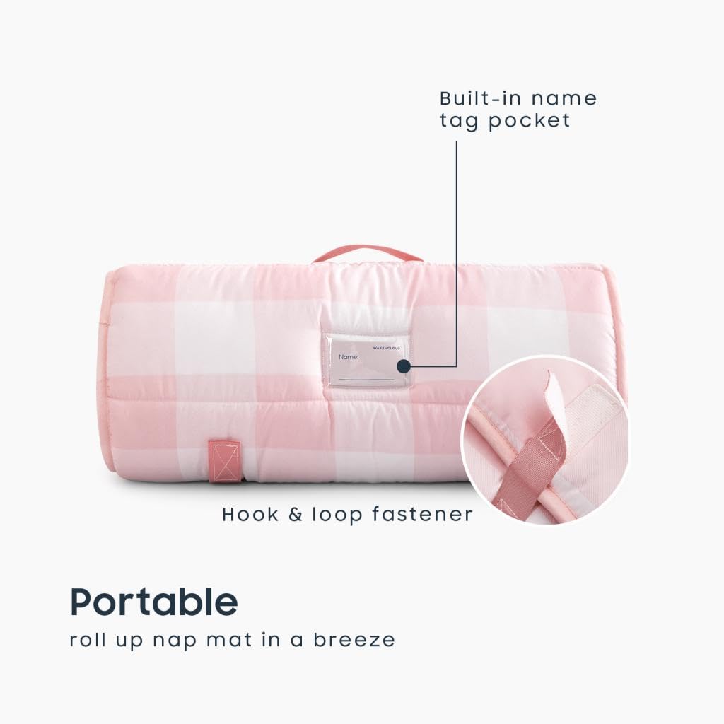 Wake In Cloud Toddler Nap Mat with Pillow & Blanket – Gingham Pink/White, 50x20