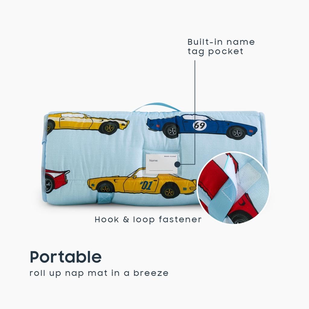 Wake In Cloud Toddler Nap Mat with Pillow & Blanket — Race Car Design, 50 x 20 in