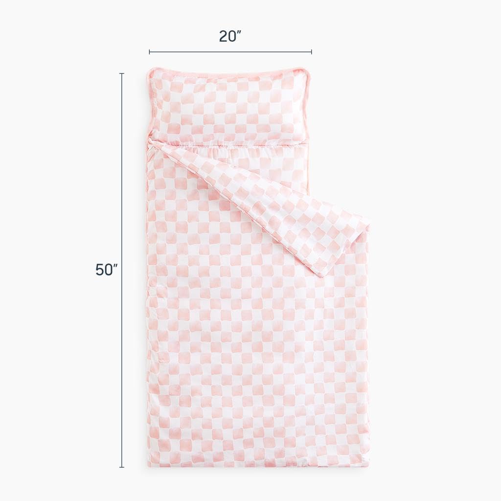 Wake In Cloud Toddler Nap Mat with Pillow & Blanket – Checkered Pink & White, 50x20 in (3+)