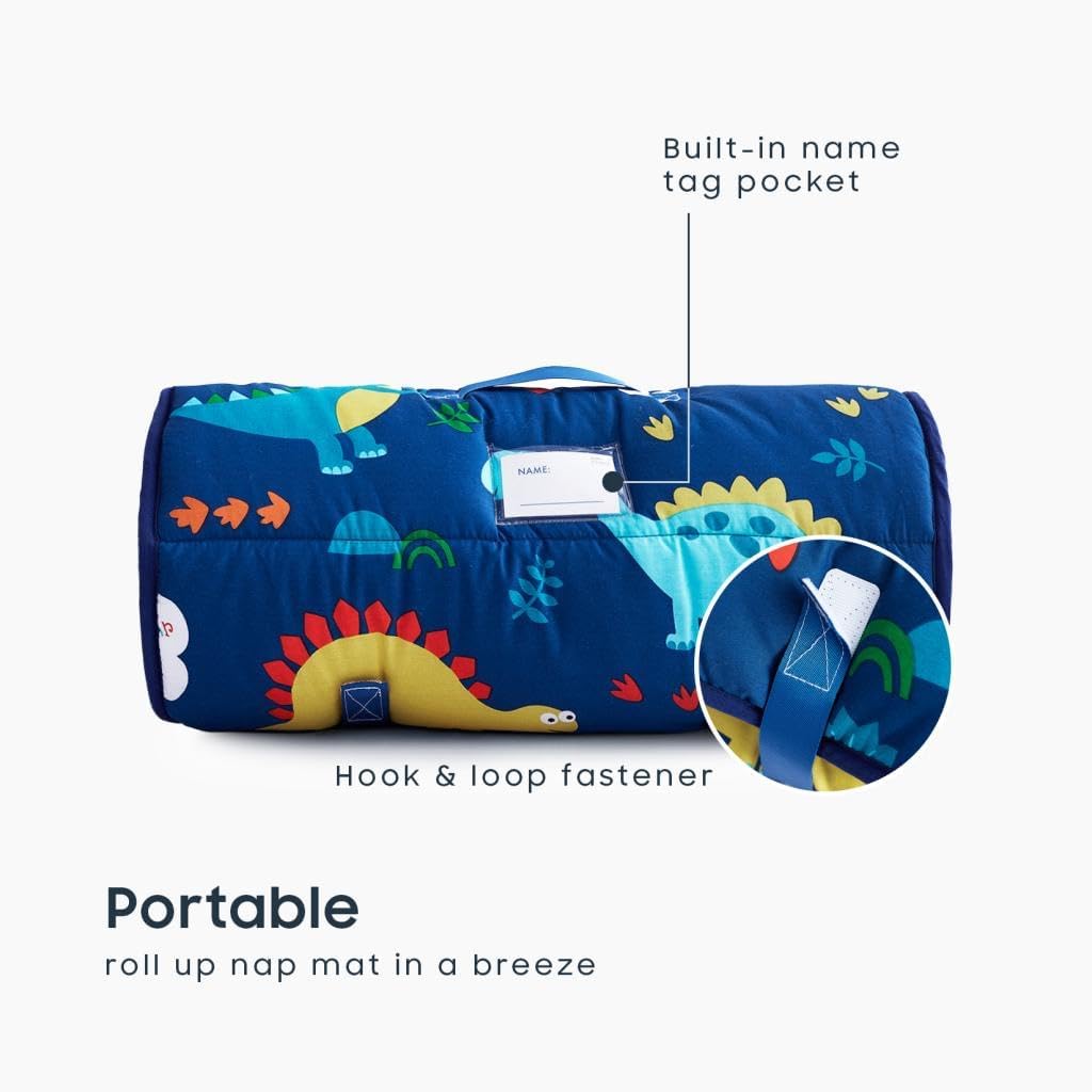 Wake In Cloud Toddler Nap Mat with Pillow and Blanket – 100% Cotton, Dinosaurs, Navy