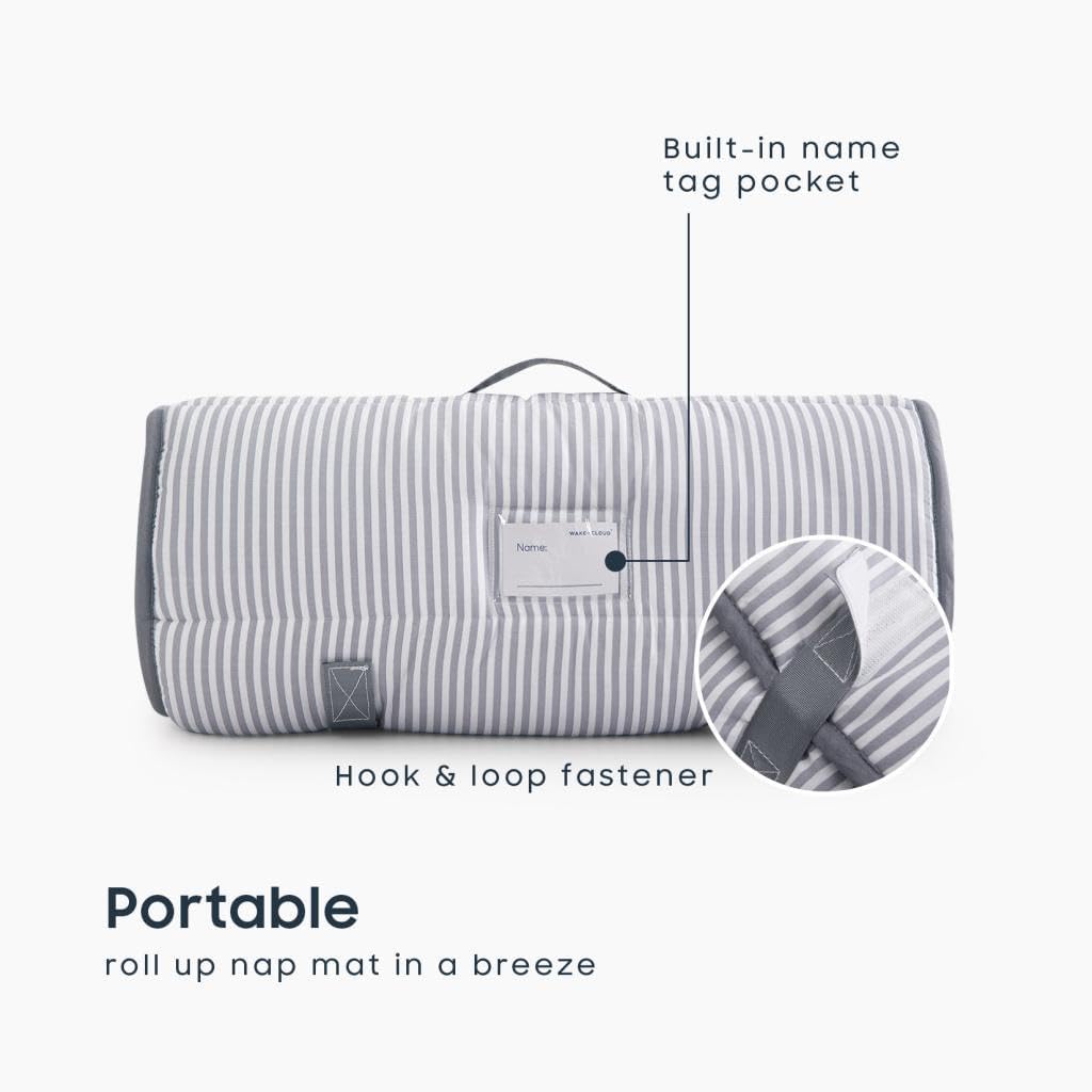 Wake In Cloud Toddler Nap Mat with Pillow & Blanket – 100% Cotton, Striped Gray