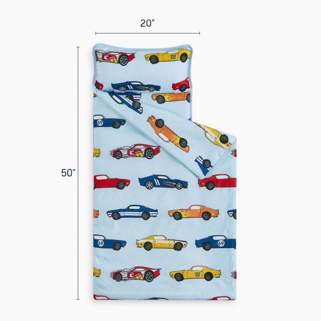 Wake In Cloud Toddler Nap Mat with Pillow & Blanket — Race Car Design, 50 x 20 in